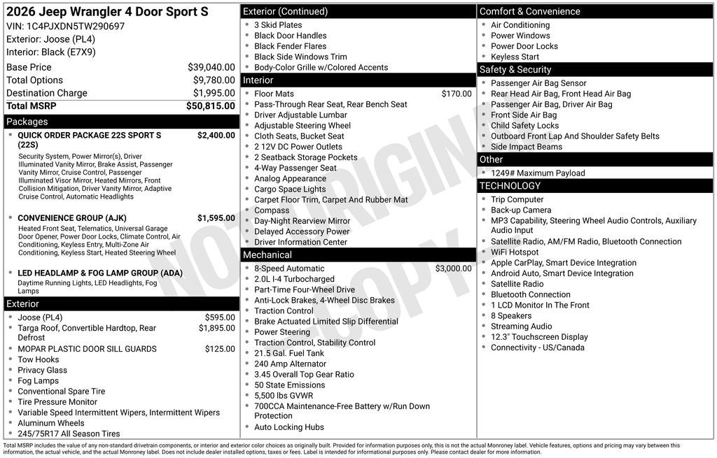 2026 Jeep Wrangler WRANGLER 4-DOOR SPORT S