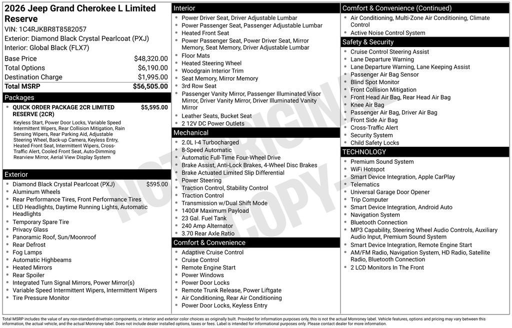 2026 Jeep Grand Cherokee GRAND CHEROKEE L LIMITED RESERVE 4X4