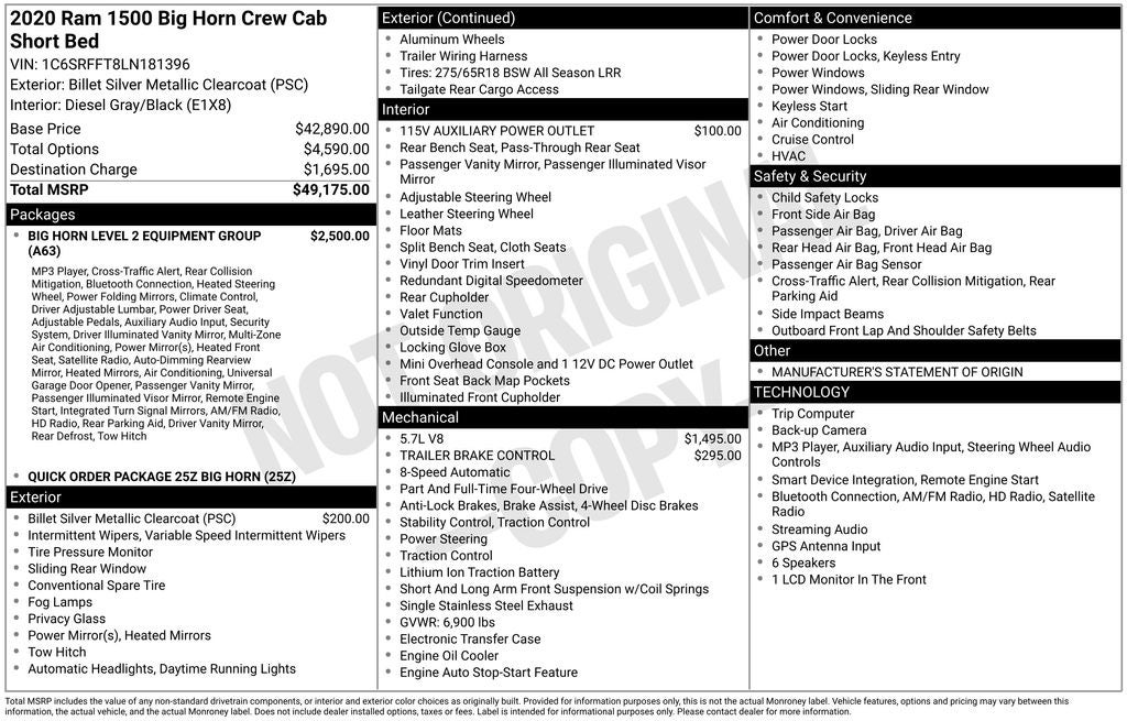 2020 RAM 1500 Big Horn Crew Cab 4x4 5'7' Box