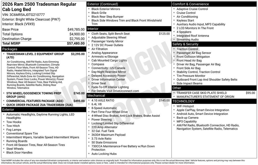 2026 RAM Ram 2500 RAM 2500 TRADESMAN REGULAR CAB 4X4 8' BOX