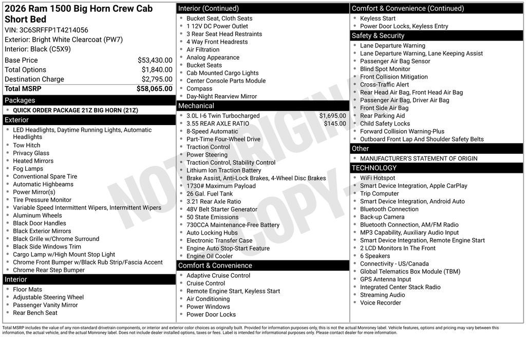 2026 RAM Ram 1500 RAM 1500 BIG HORN CREW CAB 4X4 5'7' BOX