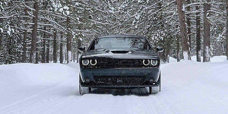 A dark gray sports car with distinctive circular LED headlights parked head-on in a snowy forest.