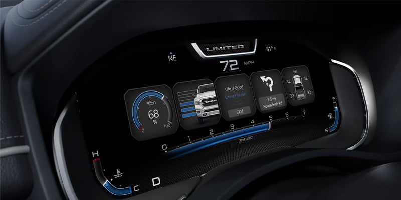 Close-up of a truck's digital dashboard showing speed (72 mph), temperature (81°F), oil life at 68%, navigation, and tire pressure.